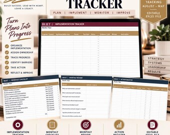 Könnte beinhalten: Ein digitaler Implementierungs-Tracker auf einem Bildschirm, begleitet von drei gedruckten Dokumenten mit den Titeln Monthly Checklist, Monthly Review und Action Register. Die Dokumente enthalten Tabellen mit Spalten zur Nachverfolgung von Aufgaben.