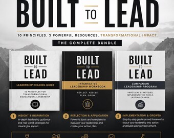 Könnte beinhalten: Ein dreiteiliges Buchset mit dem Titel Built to Lead, ein Führungskräfteentwicklungssystem für Bildungsleiter. Das Paket enthält einen weißen Leseleitfaden, ein schwarzes interaktives Arbeitsbuch und ein weißes Begleitprogramm mit goldenem Text.