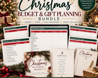 Könnte beinhalten: Ein Weihnachtsbudget- und Geschenkplanungs-Set mit verschiedenen gedruckten Vorlagen, Checklisten und einer digitalen Anzeige. Die Dokumente umfassen ein Weihnachtsbudget, eine Feiertags-Checkliste, einen Essensplaner und einen Sparplan.