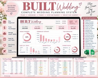 Könnte beinhalten: Eine digitale Hochzeitsplaner-Tabelle auf einem Laptop-Bildschirm mit einem Dashboard für Budget-, Ausgaben- und Aufgabenfortschrittsdiagramme. Unter dem Laptop befinden sich vier kleinere Tabellenansichten für Budget, Gästeliste, Anbieter-Tracking und Zeitplan.