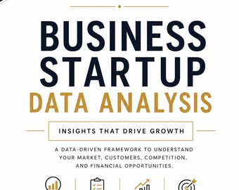 Könnte beinhalten: Infografik zur Datenanalyse für Unternehmensgründungen mit weißem Hintergrund und goldenen und marineblauen Akzenten. Der Text enthält "Analysieren, Validieren, Planen, Erfolgreich sein" und "Erkenntnisse, die das Wachstum fördern."