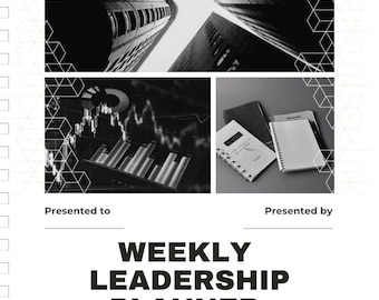 Könnte beinhalten: Ein schwarz-weißes Wochenplaner-Bundle für Führungskräfte. Das Bild zeigt ein Graustufenfoto von Wolkenkratzern, Diagrammen und Notizbüchern. Der Text lautet "WEEKLY LEADERSHIP PLANNER BUNDLE" und "Professional Systems for Leaders, Managers & Business Owners."