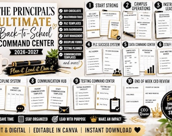 以下が含まれることがあります： The Principal's Ultimate Back-to-School Command Center 2026-2027と題されたデジタルプランナーセット。学校運営、データダッシュボード、スタッフ管理、規律システム、コミュニケーションテンプレートを網羅した10のセクションが含まれています。
