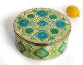 Vintage Ira Denmark tin, green and teal flower, Anita Wangel, 1960s Danish kitchen