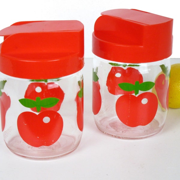 Vintage apple jars, red plastic dispenser lids, 1970s kitchen storage, made in France