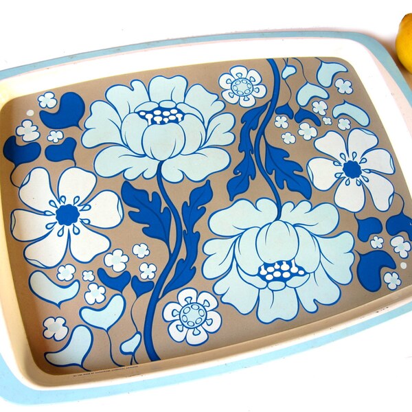 RESERVED Vintage tray, flowers, blue, teal and petrol, Handiware, 1960s kitchen