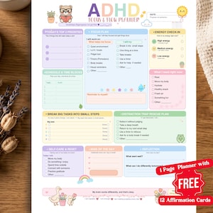 May include: A colourful ADHD Focus & Flow planner sheet featuring sections for daily priorities, energy checks, task breakdowns, and self-care. The page includes illustrations of a bear, a sun, and a duck, with text prompts for organisation and reflection.