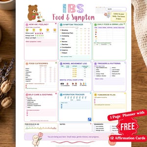 以下が含まれることがあります： IBS Food & Symptomと書かれた白いプランナーシート。症状追跡、食事記録、排便記録、水分補給、セルフケアのセクションがあります。シートにはクマと小鳥のイラスト、日々の健康管理のためのテキストが記載されています。