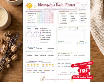 May include: A white Fibromyalgia Daily Planner sheet featuring sections for symptom intensity, a pain body map, sleep log, energy and mood check-in, trigger tracker, medication log, and notes. Includes a red banner stating 1 Page Planner with FREE 12 Affirmation Cards.