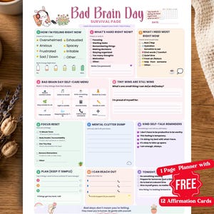Könnte beinhalten: Ein Bad Brain Day Survival Page Planerblatt mit Abschnitten zur Erfassung von Gefühlen, Bedürfnissen, Selbstfürsorge-Menüs, kleinen Erfolgen, Fokus-Resets, mentalem Ballast und positiven Erinnerungen sowie einer Comic-Illustration.