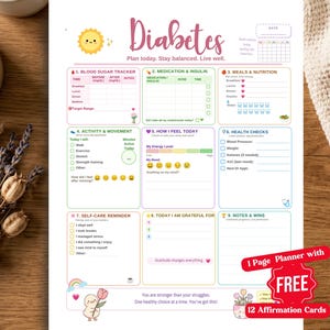 May include: A white paper diabetes planner sheet featuring nine sections including blood sugar tracker, medication, meals, activity, mood, health checks, self-care, gratitude, and notes. The page includes a sun icon, text, and a red promotional sticker.
