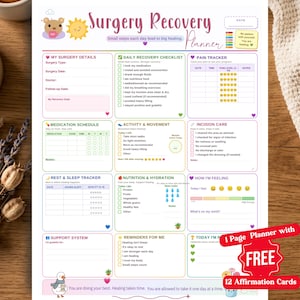 May include: A Surgery Recovery Planner page featuring sections for surgery details, a daily recovery checklist, pain tracker, medication schedule, activity, incision care, sleep, nutrition, and feelings, with colourful icons and text throughout.