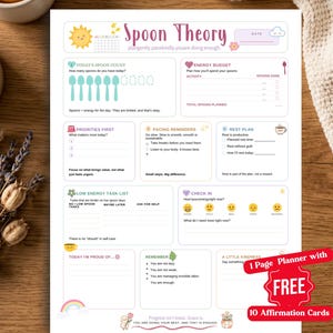 May include: A white paper planner sheet titled Spoon Theory with sections for energy budget, priorities, rest plans, and check-ins. The layout features pastel icons, a sun, a rainbow, and text prompts for daily self-care tracking and personal reflection.