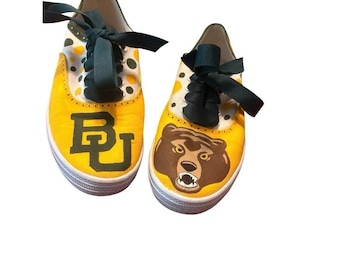 Scarpe da donna Baylor Bears dipinte a mano, taglia 6, modello BU Sic 'em, gialle e verdi, in ottime condizioni.