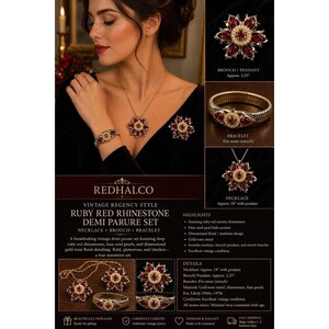 May include: A vintage demi parure set featuring a necklace, brooch, and bracelet. The jewelry set has ruby red rhinestones, faux seed pearls, and gold-tone floral detailing. The necklace is approximately 18 inches with a pendant.