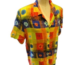 Vintage 90er Jahre Retro Bluse Damen Bluse mit Blumendruck Schulterpolster Sz M