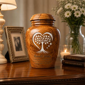 Puede incluir: Una urna funeraria marrón con patrón de veta de madera y tapa. El frente presenta un diseño recortado en blanco de un árbol dentro de un corazón con tres estrellas. El texto dice: Ronald James, 15 de mayo de 1962 - 9 de noviembre de 2021, y una inscripción.