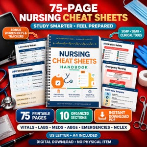 May include: A 75-page nursing cheat sheets handbook with spiral binding, featuring clinical tables, quick checklists, and NCLEX prep. The cover displays a stethoscope icon, a clipboard, and the text Nursing Cheat Sheets Handbook.