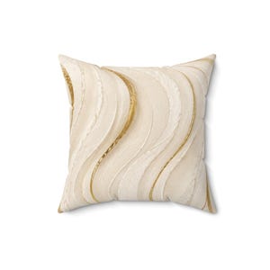 Faux Suede Square Pillow, Abstract Gold Wave, Neutral Modern Home Decor image 2