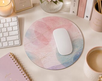 Blush Abstract Circles Mouse Pad | Pastel Watercolor Desk Mat