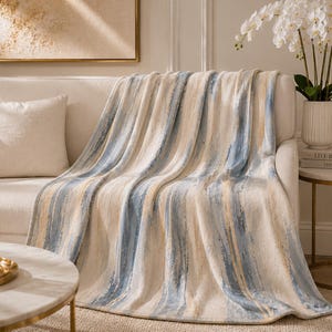 Abstract Watercolor Stripes Blanket | Blue Beige Velveteen Microfiber