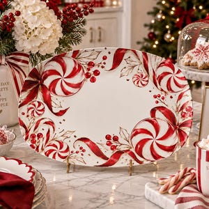 May include: An oval ceramic serving platter featuring a festive holiday design with red and white peppermint swirls, red ribbons, and holly berries. The platter has a white background and is displayed on a gold metal stand on a marble surface.