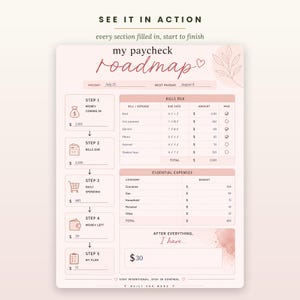 May include: A light pink financial planning sheet titled my paycheck roadmap with sections for bills due, essential expenses, and five steps to track money. The document includes text fields for payday dates, expense categories, and budget totals.