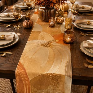 May include: A rectangular table runner featuring a printed pattern of large pumpkins in shades of orange, gold, and cream. The design incorporates abstract circular shapes and fine line work, creating a layered visual effect across the fabric surface.