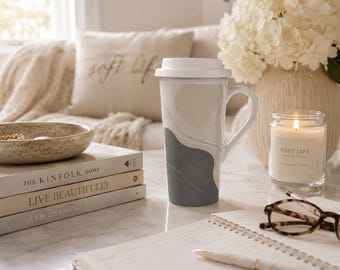 Abstract Ceramic Travel Mug with Lid | Neutral Oat Milk Charcoal Coffee Cup