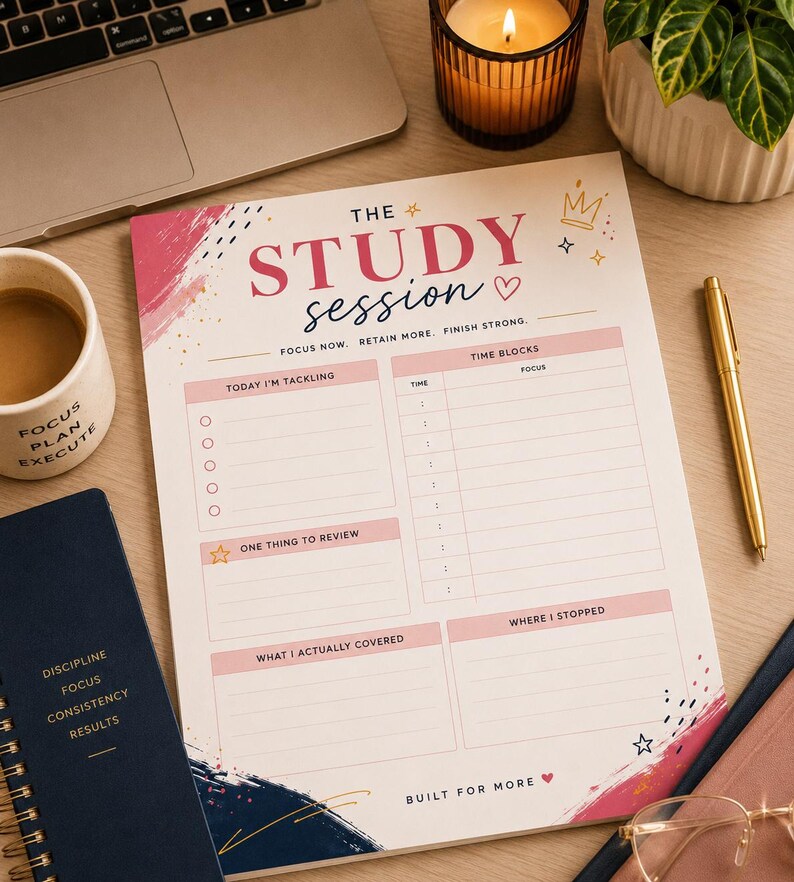 K&ouml;nnte beinhalten: Ein Lernplaner-Blatt mit rosa und marineblauen Pinselstrich-Akzenten. Der Text lautet THE STUDY SESSION, FOCUS NOW. RETAIN MORE. FINISH STRONG., TODAY I'M TACKLING, TIME BLOCKS, ONE THING TO REVIEW, WHAT I ACTUALLY COVERED, WHERE I STOPPED und BUILT FOR MORE.