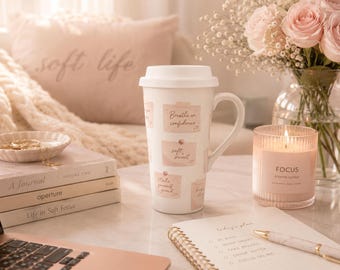 Pink Sticky Note Ceramic Travel Mug | Encouraging Affirmations, Soft Life Office Cup