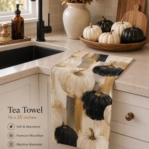 Black Cream Pumpkin Tea Towel, Modern Farmhouse Fall Autumn Dish Towel