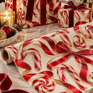 Könnte beinhalten: Eine Rolle Geschenkpapier mit einem Muster aus rot-weißen Zuckerstangen, Pfefferminzbonbons und goldgeränderten roten Schleifen auf cremefarbenem Grund, dazu eine goldene Schere und ein loses rotes Samtband.