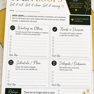 May include: A white task management planner sheet with black and gold text titled OPEN LOOPS. It features sections for Waiting on Others, Needs a Decision, Schedule/Plan, Delegate/Outsource, and Release With Peace, each with checkboxes and lines.