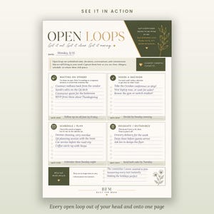 May include: A white task management planner page titled Open Loops with olive green and gold accents. It features four sections: Waiting on Others, Needs a Decision, Schedule/Plan, and Delegate/Outsource, with checkboxes and lines for handwritten notes.