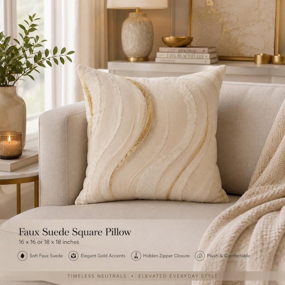 Faux Suede Square Pillow, Abstract Gold Wave, Neutral Modern Home Decor
