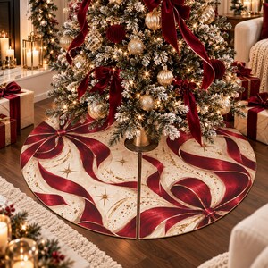 May include: A circular Christmas tree skirt featuring a cream-coloured base with a repeating pattern of deep red ribbons, bows, and gold starburst accents. The fabric has a split design for easy placement around the base of a decorated tree.