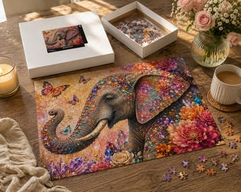 Puzzle a forma di elefante con decorazioni floreali e gioielli, 520 pezzi / illustrazione di farfalle colorate
