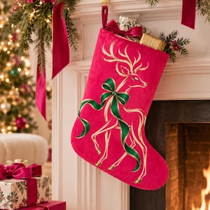 Peut inclure: Une chaussette de Noël rose vif ornée d'une illustration de renne aux contours dorés, agrémentée d'un ruban vert fluide noué autour du cou. La chaussette est fabriquée dans un tissu doux et pelucheux et est suspendue à un crochet en métal doré.