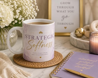 Strategic Softness Ceramic Mug | Feminine Leadership Coffee Cup | Lavender Floral Design
