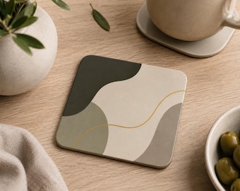 Olive Neutral Shapes Corkwood Coaster Set of 4 | Modern Minimalist Drink Coasters