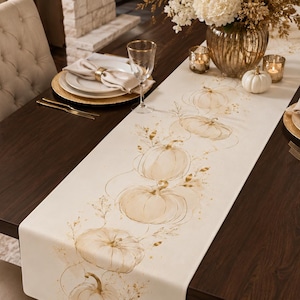 Gold Pumpkin Table Runner, Elegant Fall Dining Decor, Cream Thanksgiving Table Runner, Neutral Autumn Linen, Hostess Gift