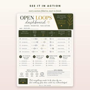 May include: A white Open Loops Dashboard task planner sheet with dark green and gold accents. It features sections for tracking open loops, mental weight, urgency, and next actions, plus areas for delegation, scheduling, and a mental clarity check.