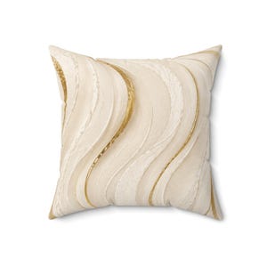 Faux Suede Square Pillow, Abstract Gold Wave, Neutral Modern Home Decor image 3