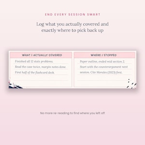 K&ouml;nnte beinhalten: Eine rechteckige Lern-Tracker-Karte mit hellrosa Hintergrund. Der Text lautet: END EVERY SESSION SMART, Log what you actually covered and exactly where to pick back up, WHAT I ACTUALLY COVERED, WHERE I STOPPED, und No more re-reading.