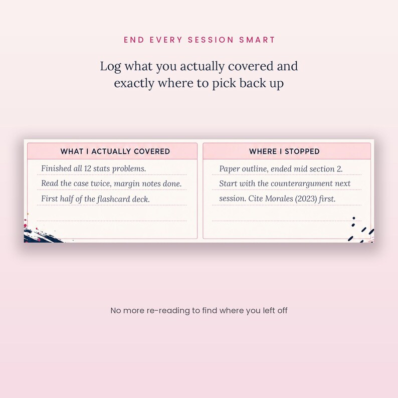 K&ouml;nnte beinhalten: Eine rechteckige Lern-Tracker-Karte mit hellrosa Hintergrund. Der Text lautet: END EVERY SESSION SMART, Log what you actually covered and exactly where to pick back up, WHAT I ACTUALLY COVERED, WHERE I STOPPED, und No more re-reading.