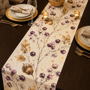 Fall Acorn Table Runner, Watercolor Berry Dining Decor, Plum Gold Harvest Thanksgiving Runner, Autumn Botanical Table Linen, Hostess Gift