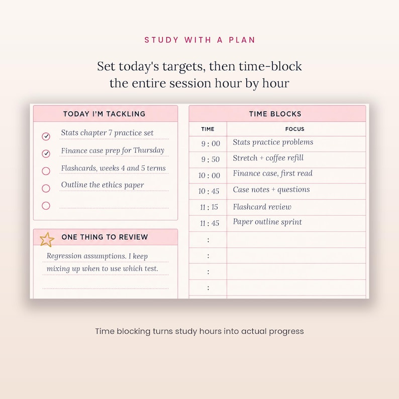 K&ouml;nnte beinhalten: Eine Lernplaner-Vorlage in hellrosa und wei&szlig;. Der Text lautet STUDY WITH A PLAN, Set today's targets, then time-block the entire session hour by hour, TODAY I'M TACKLING, ONE THING TO REVIEW und TIME BLOCKS.