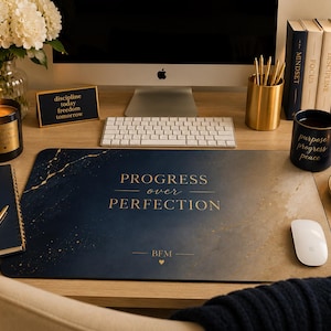 Navy Gold Marble Desk Mat | "Progress Over Perfection" Inspirational Quote