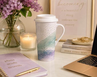 Matte Ceramic Travel Mug with Silicone Lid – Abstract Landscape Design